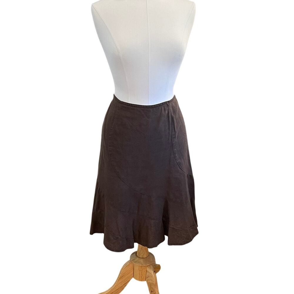 Benetton Chocolate Brown Linen Ruffle A-Line Skirt, Y2K, Minimalist, M
